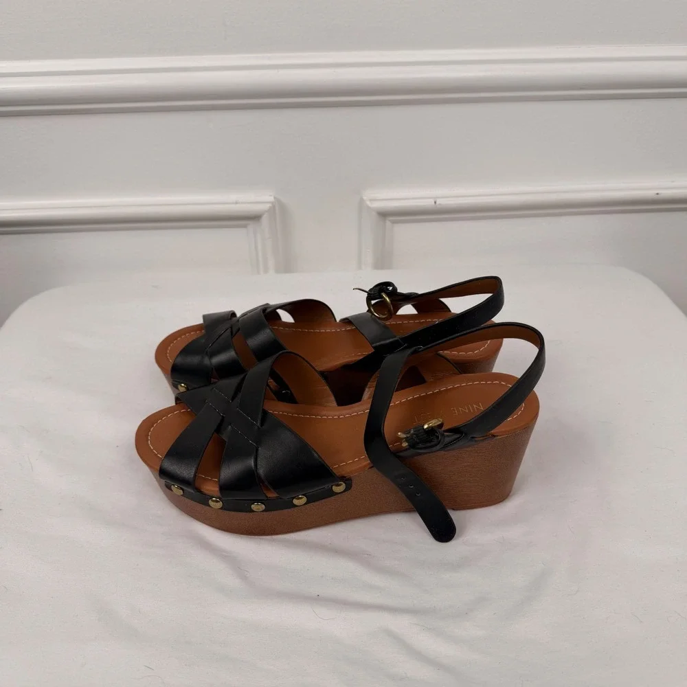 Nine West Hannah Black Platform Wedge Sandals Strappy Studded Womens 7.5M